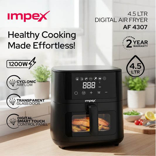 Impex AF-4307 4.5L Digital Air Fryer – 1200W Smart Touch with 10 Presets