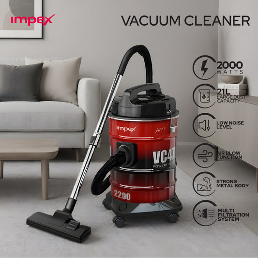Impex VC4704 Drum Vacuum Cleaner – 2200W, 21L Capacity, Blower Function & Metal Body