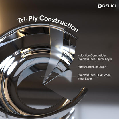 Delici Tri-Ply Stainless Steel Kadai 24CM with SS Lid | 2L | 304 Grade | Induction & Oven Safe | DTKP24