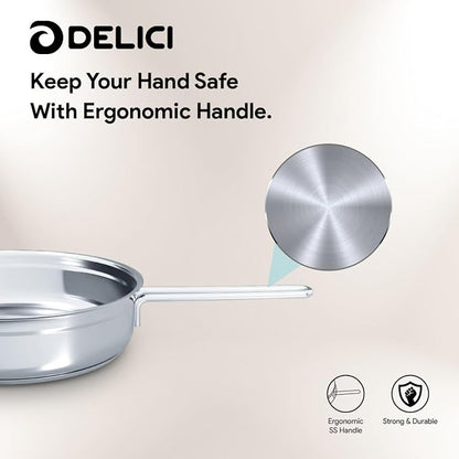 Delici Stainless Steel Fry Pan 24CM | 304 Grade SS | Oven Safe | DFP24W