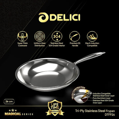 Delici Stainless Steel Fry Pan 28CM | 304 Grade SS | Oven Safe | DFP28W