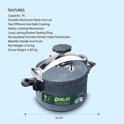 Delici Granite Aluminium Pressure Cooker 9 Litre | Gray | Safety Lock | 2-Year Warranty | DPC9G