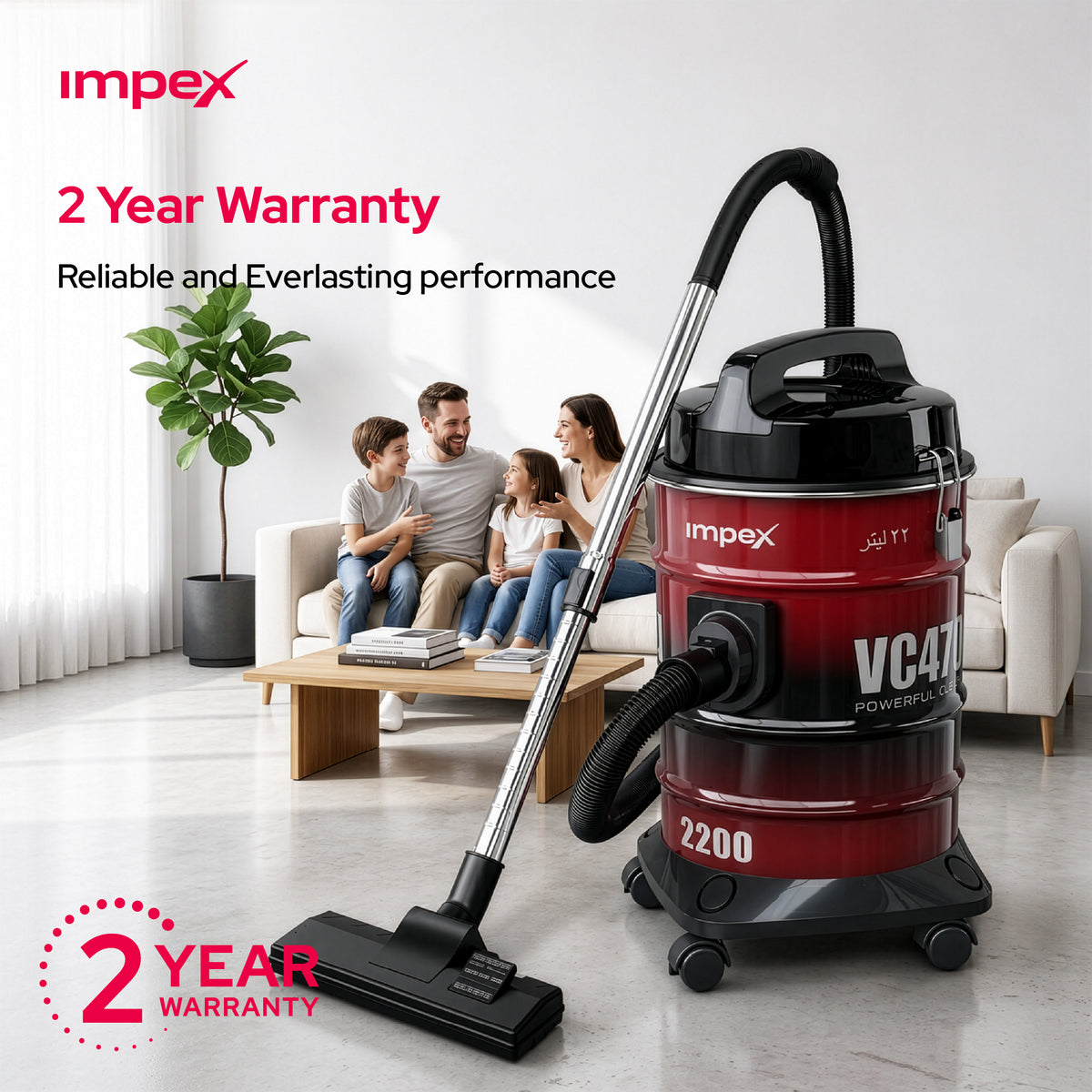 Impex VC4704 Drum Vacuum Cleaner – 2200W, 21L Capacity, Blower Function & Metal Body