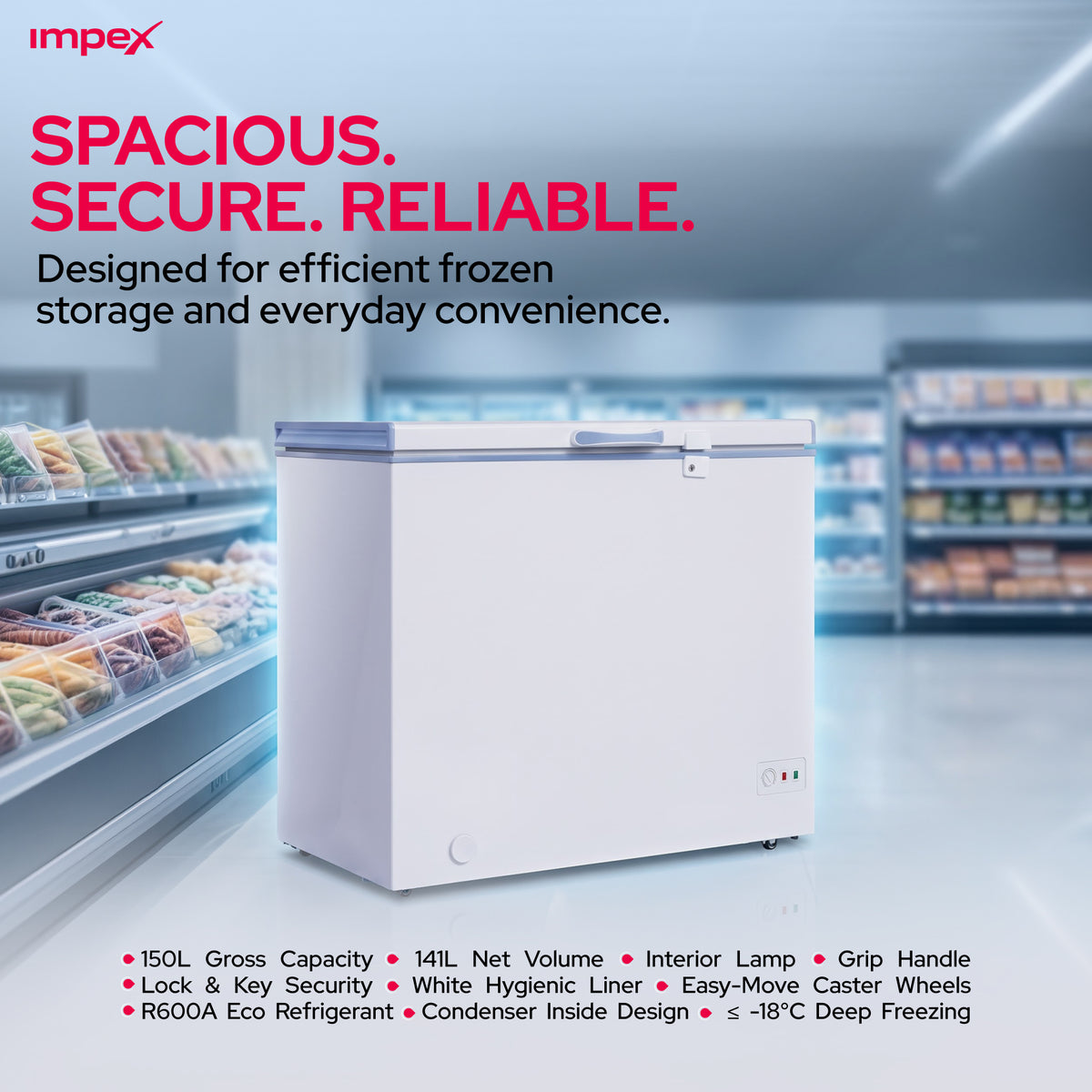Impex IMCF150W – 150L Chest Freezer with Lock, Castor Wheels & Interior Lamp