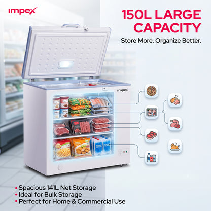Impex IMCF150W – 150L Chest Freezer with Lock, Castor Wheels & Interior Lamp