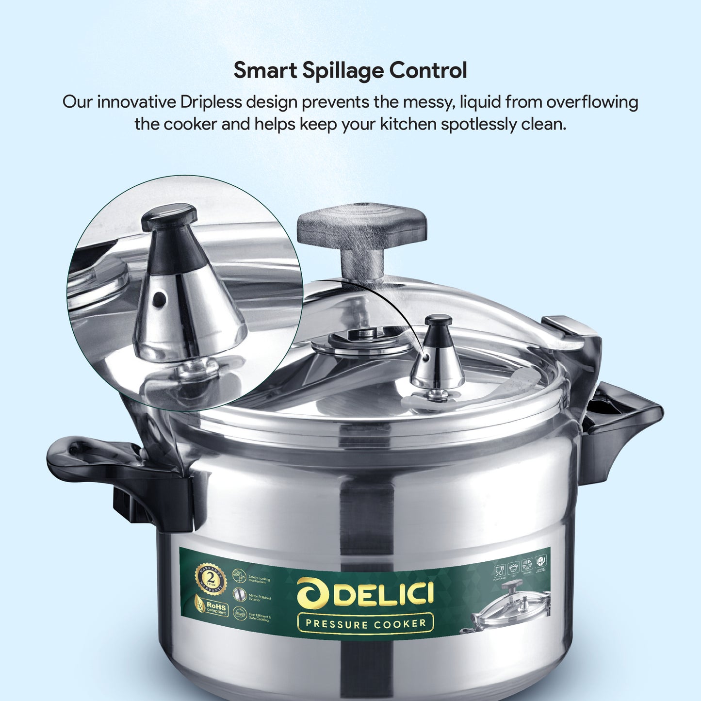 Delici Aluminium Pressure Cooker 15 Litre | Strong Base | Safety Lock | 2-Year Warranty | DPC15A