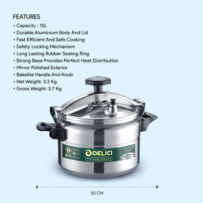 Delici Aluminium Pressure Cooker 15 Litre | Strong Base | Safety Lock | 2-Year Warranty | DPC15A