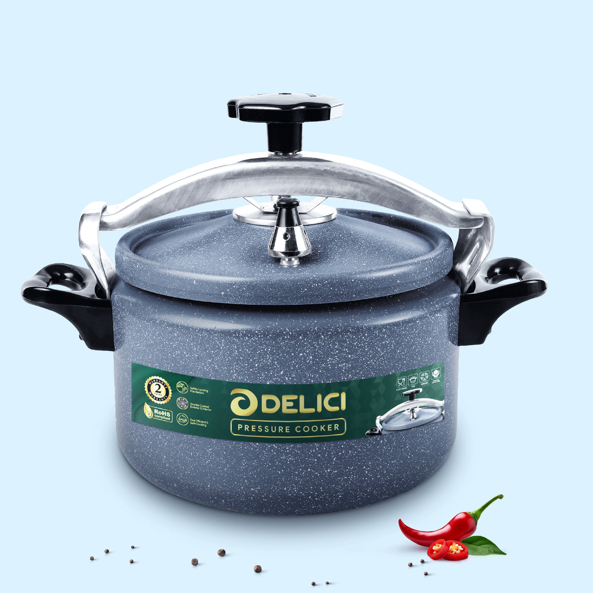 Delici Granite Aluminium Pressure Cooker 5 Litre | Gray | Safety Lock | 2-Year Warranty | DPC5G