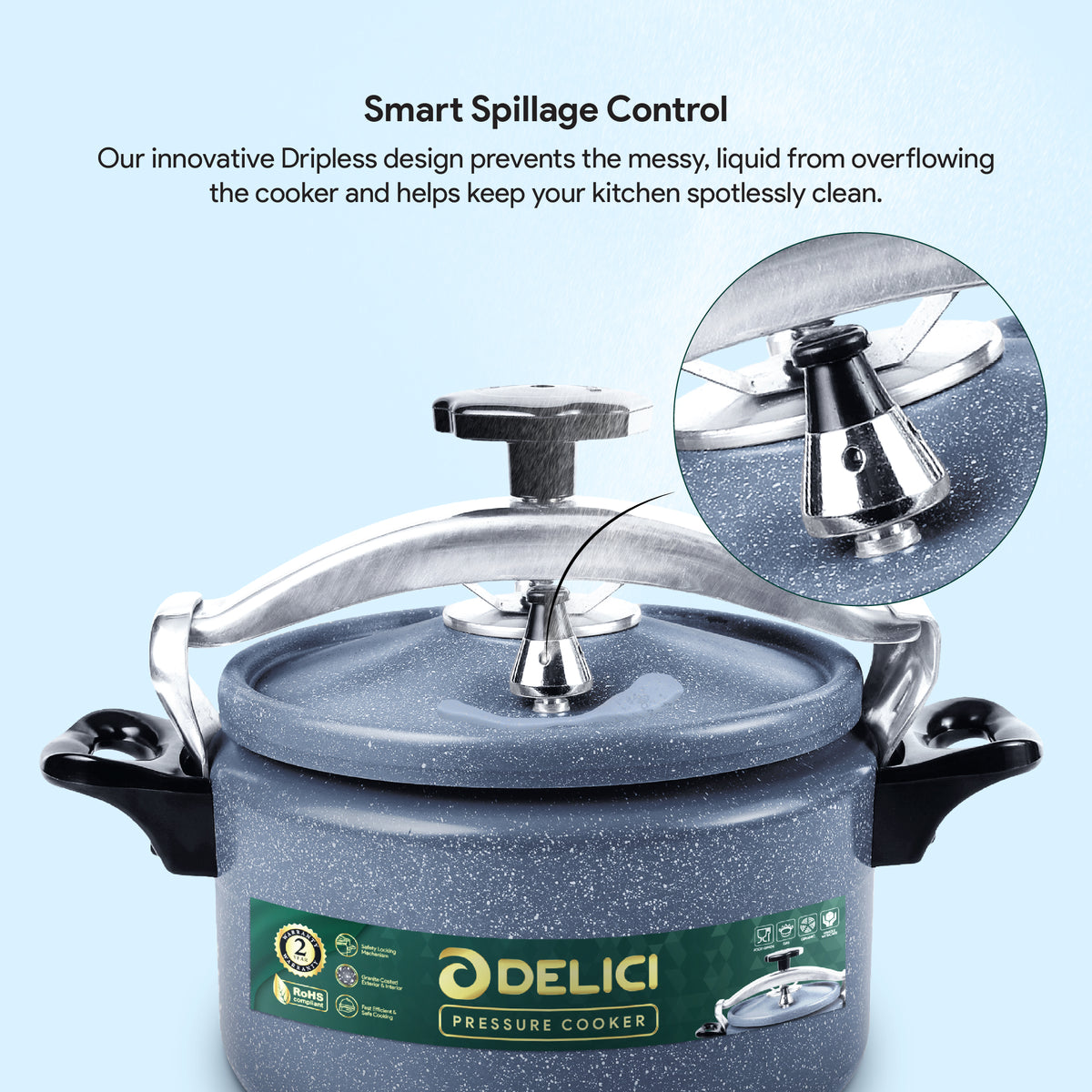 Delici Granite Aluminium Pressure Cooker 5 Litre | Gray | Safety Lock | 2-Year Warranty | DPC5G