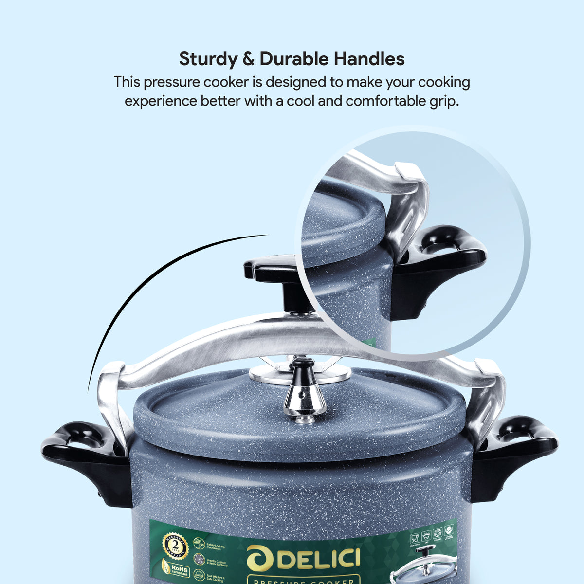Delici Granite Aluminium Pressure Cooker 5 Litre | Gray | Safety Lock | 2-Year Warranty | DPC5G