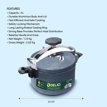 Delici Granite Aluminium Pressure Cooker 5 Litre | Gray | Safety Lock | 2-Year Warranty | DPC5G