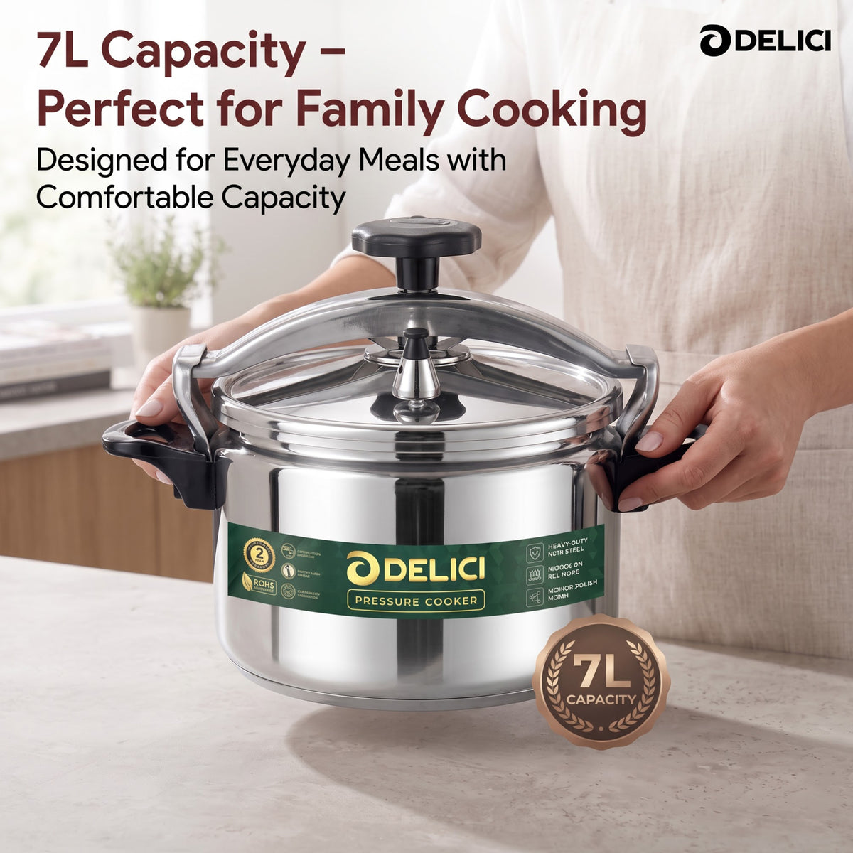 Delici Aluminium Pressure Cooker 7 Litre | Pressure Regulator | Safety Lock | 2-Year Warranty | DPC7A