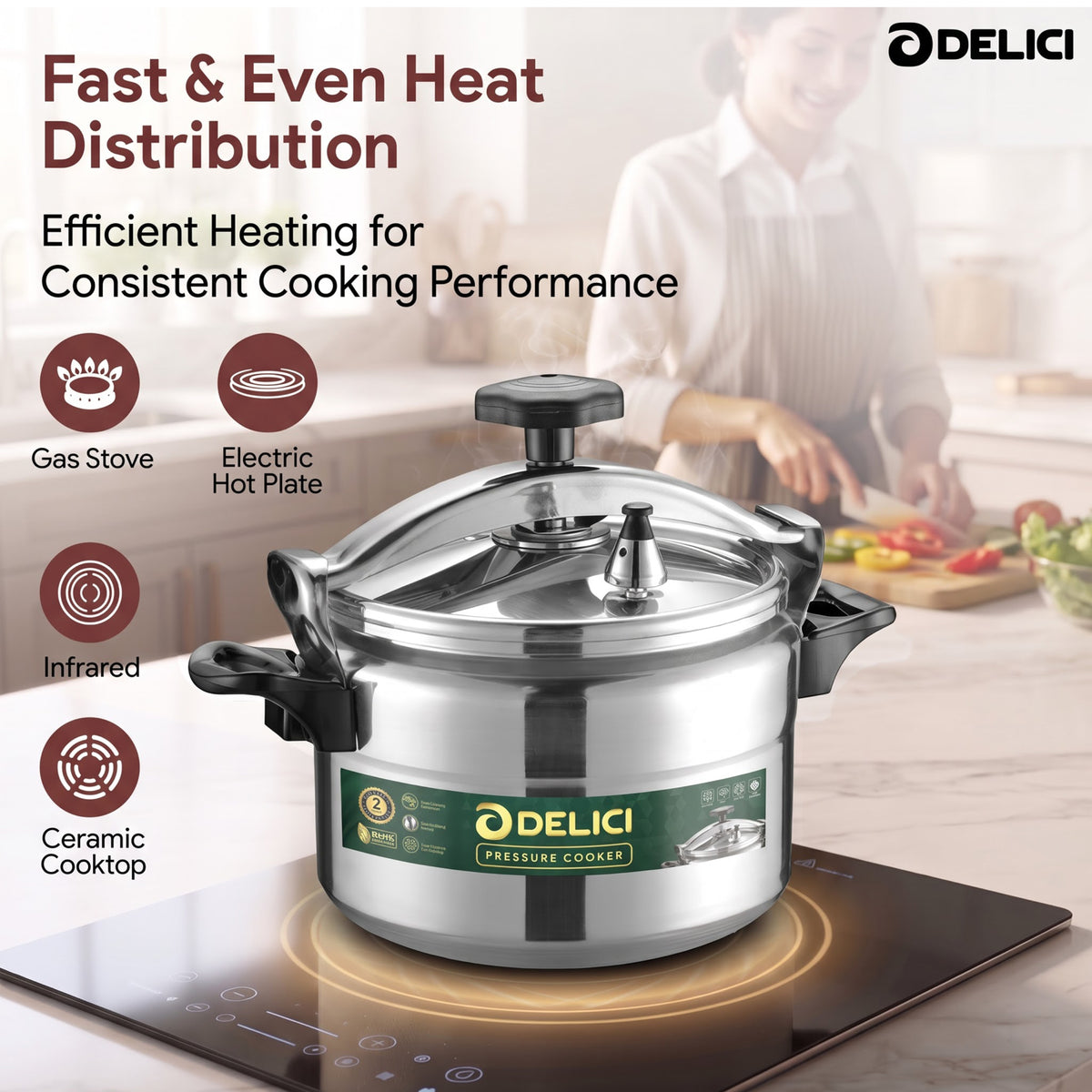 Delici Aluminium Pressure Cooker 7 Litre | Pressure Regulator | Safety Lock | 2-Year Warranty | DPC7A