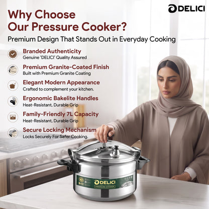 Delici Aluminium Pressure Cooker 7 Litre | Pressure Regulator | Safety Lock | 2-Year Warranty | DPC7A