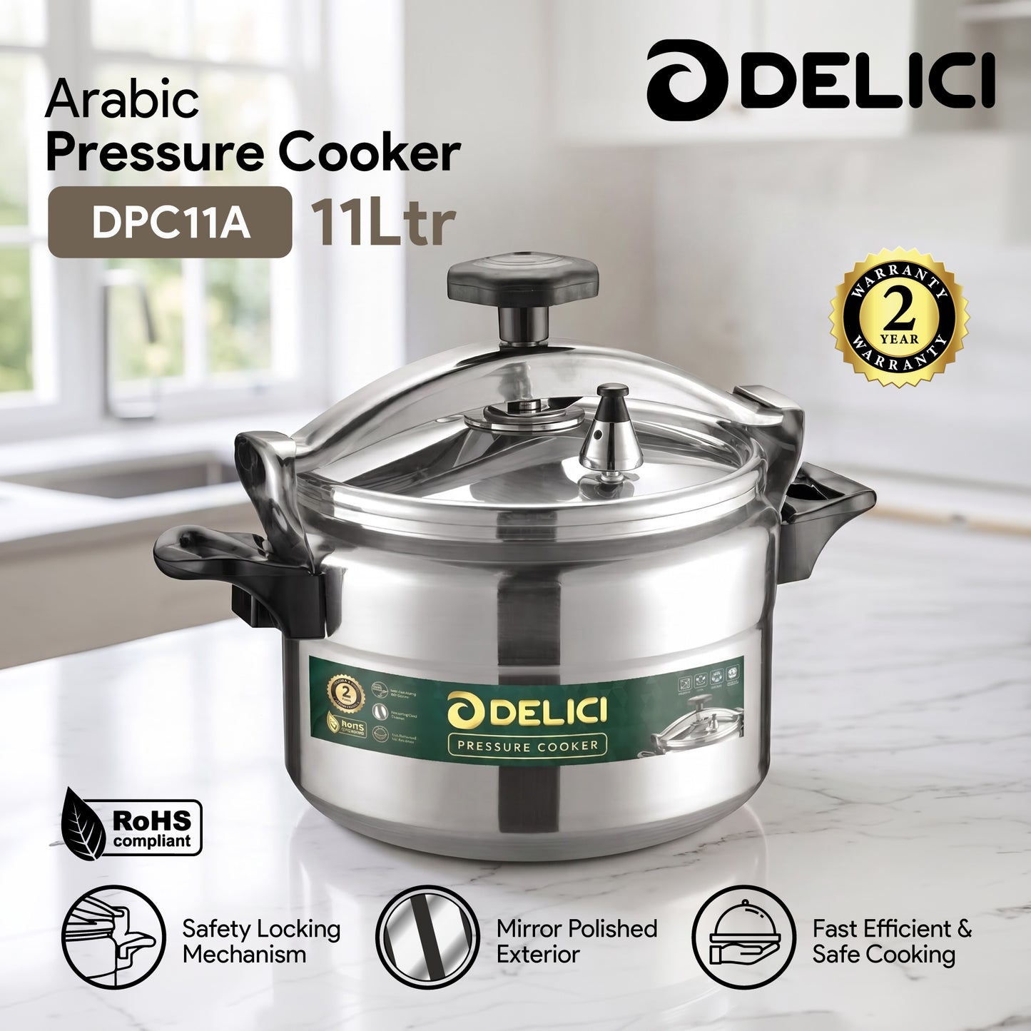 Delici Aluminium Pressure Cooker 11 Litre | Pressure Regulator | Safety Lock | 2-Year Warranty | DPC11A
