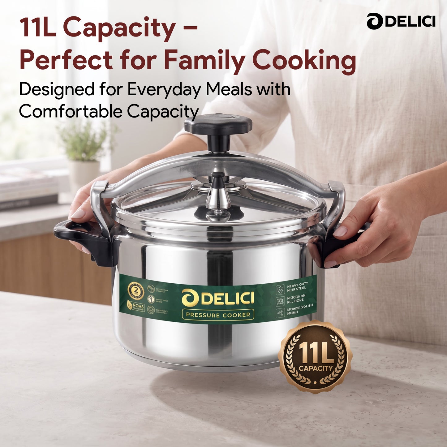 Delici Aluminium Pressure Cooker 11 Litre | Pressure Regulator | Safety Lock | 2-Year Warranty | DPC11A