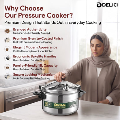 Delici Aluminium Pressure Cooker 11 Litre | Pressure Regulator | Safety Lock | 2-Year Warranty | DPC11A