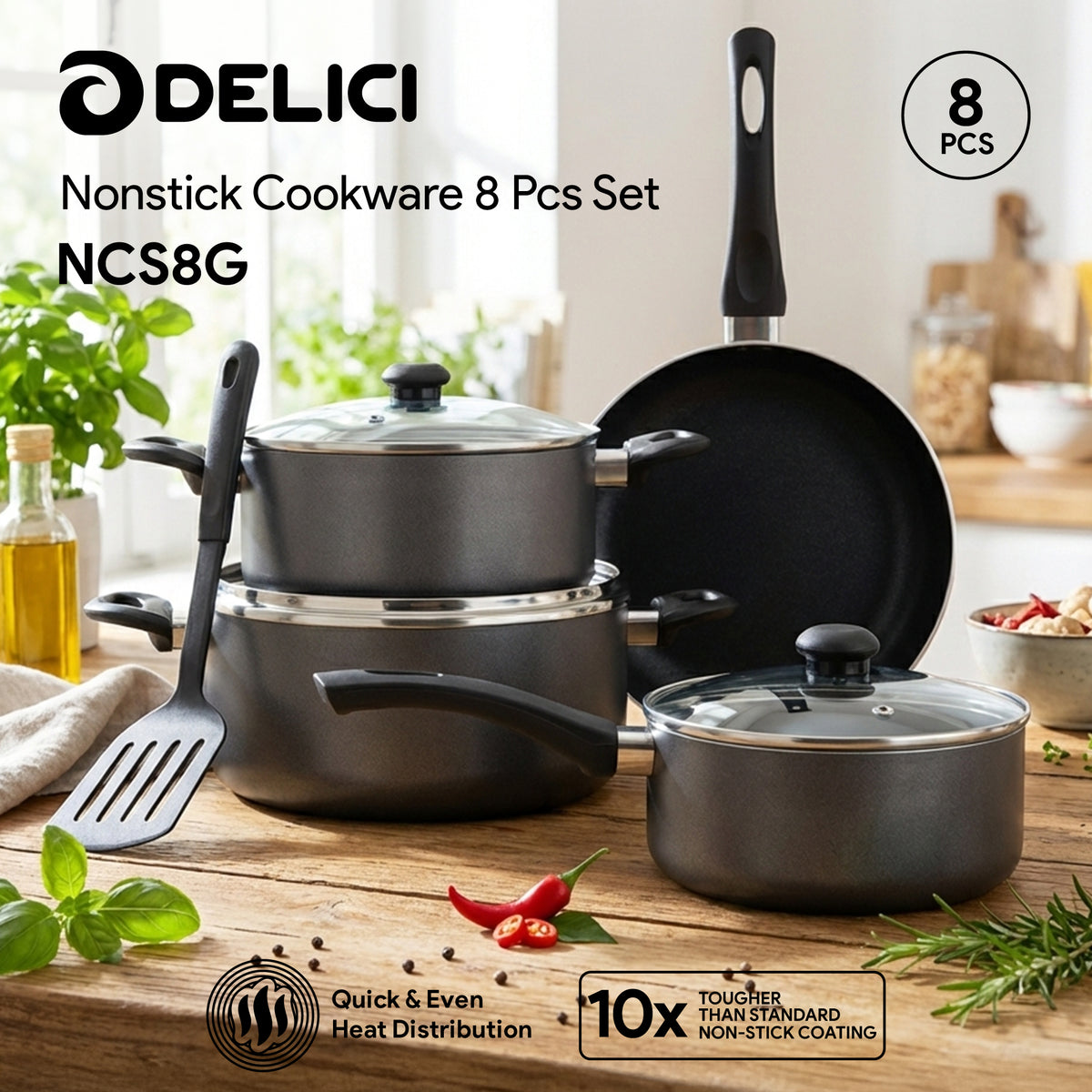 Delici 8-Piece Nonstick Cookware Set NCS8-G | PFOA-Free Aluminium Cookware