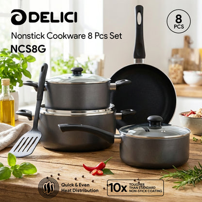 Delici 8-Piece Nonstick Cookware Set NCS8-G | PFOA-Free Aluminium Cookware