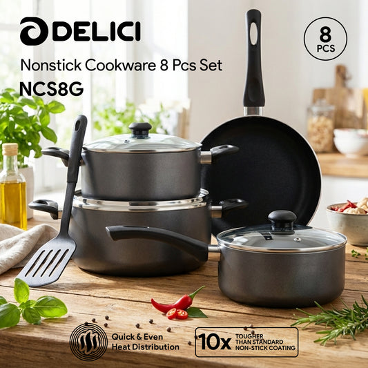 Delici 8-Piece Nonstick Cookware Set NCS8-G | PFOA-Free Aluminium Cookware