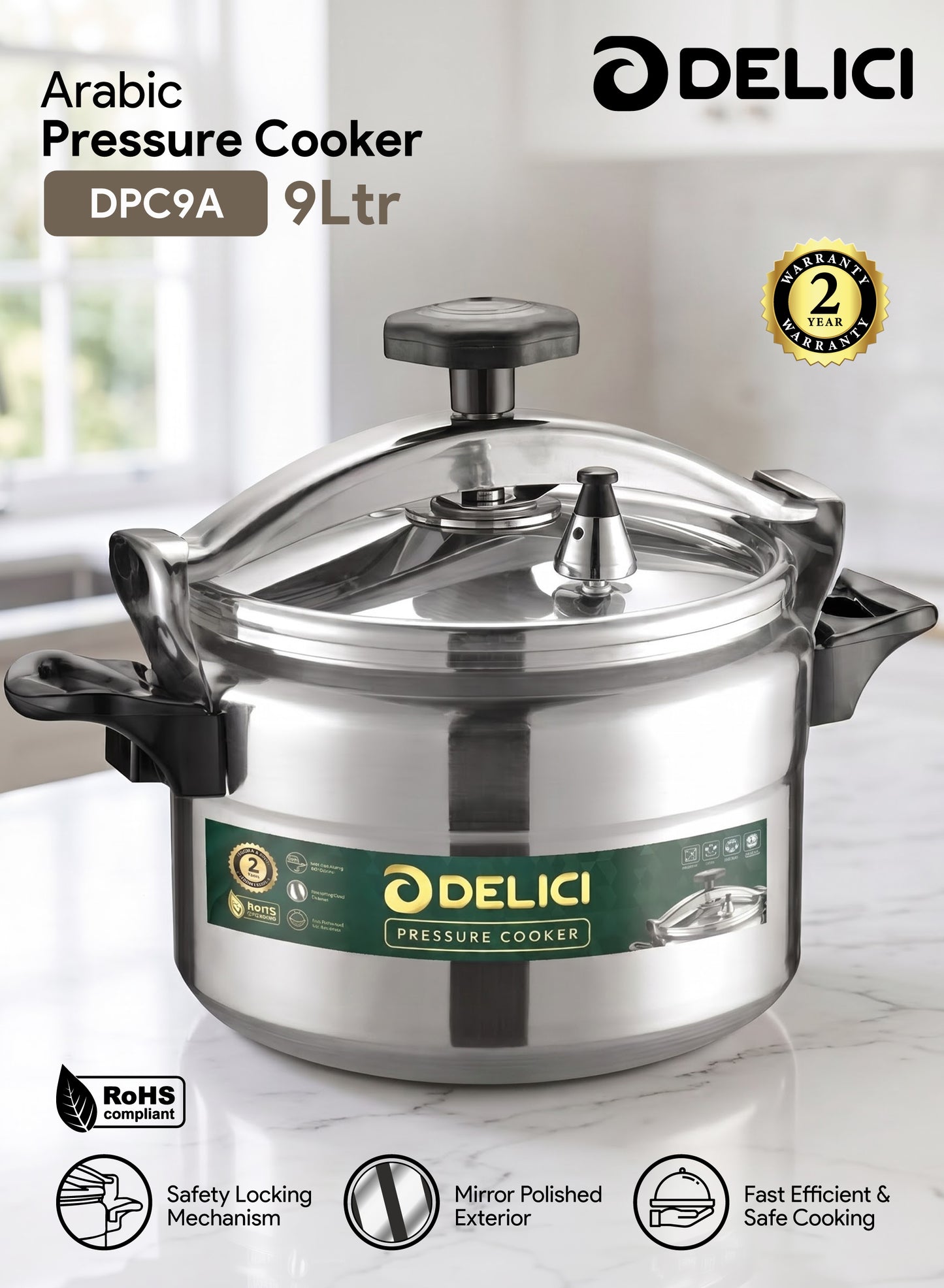 Delici Aluminium Pressure Cooker 9 Litre | Pressure Regulator | Safety Lock | 2-Year Warranty | DPC9A