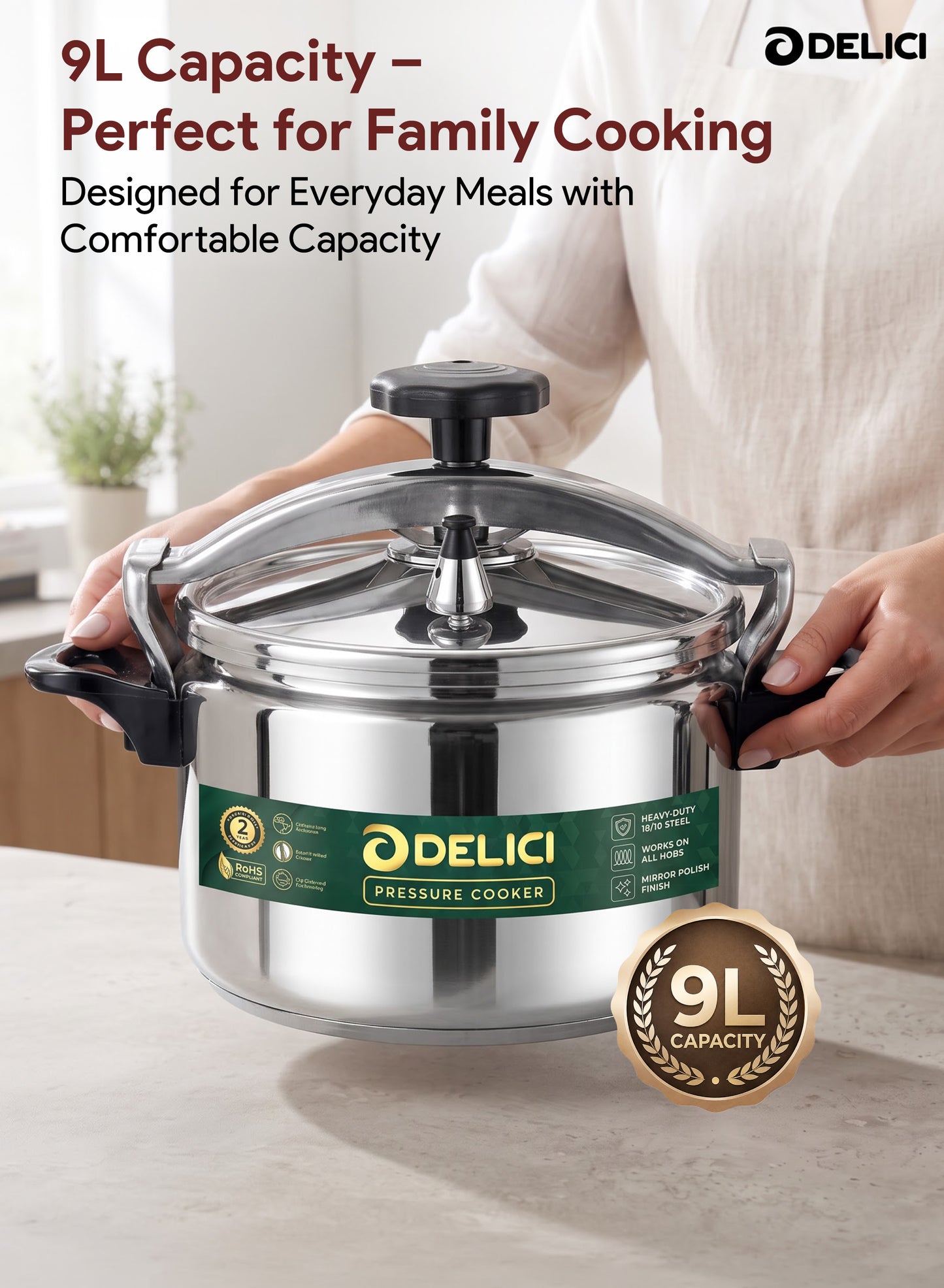 Delici Aluminium Pressure Cooker 9 Litre | Pressure Regulator | Safety Lock | 2-Year Warranty | DPC9A