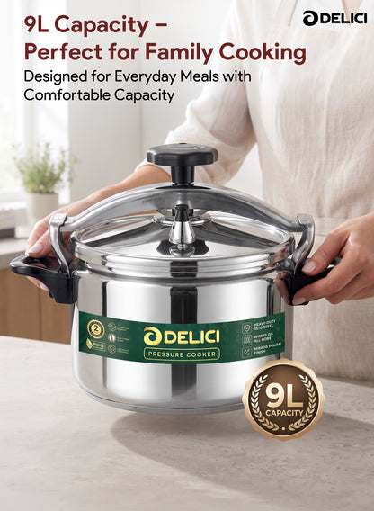 Delici Aluminium Pressure Cooker 9 Litre | Pressure Regulator | Safety Lock | 2-Year Warranty | DPC9A