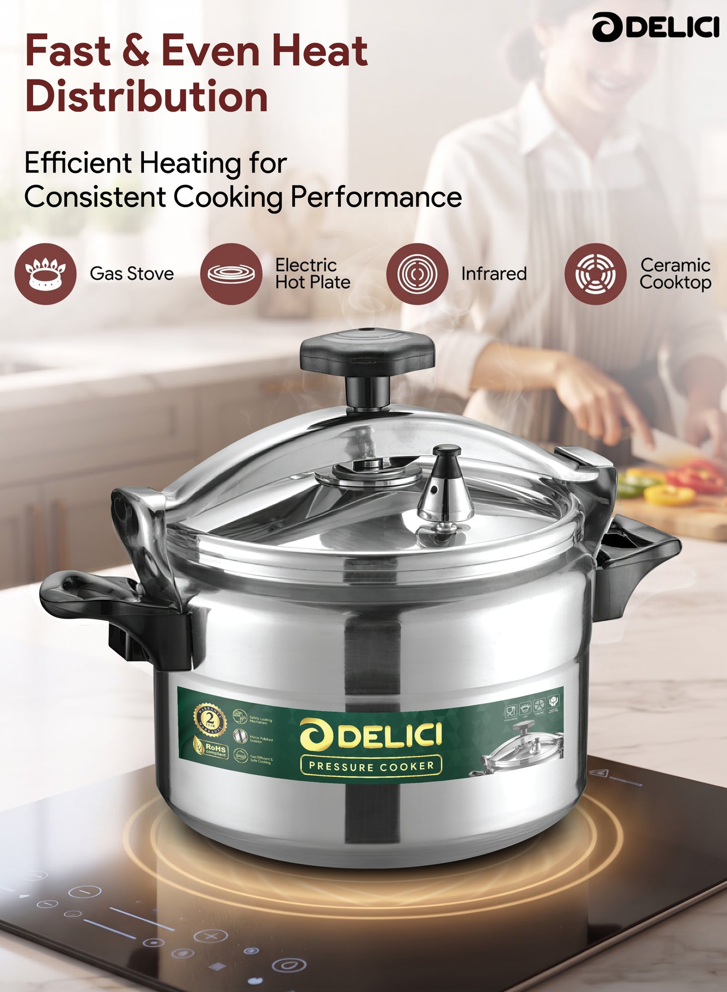 Delici Aluminium Pressure Cooker 9 Litre | Pressure Regulator | Safety Lock | 2-Year Warranty | DPC9A