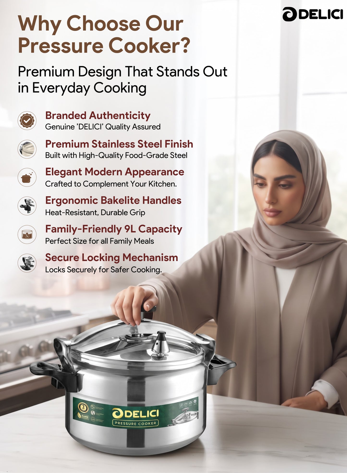 Delici Aluminium Pressure Cooker 9 Litre | Pressure Regulator | Safety Lock | 2-Year Warranty | DPC9A