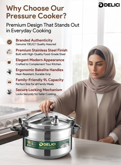 Delici Aluminium Pressure Cooker 9 Litre | Pressure Regulator | Safety Lock | 2-Year Warranty | DPC9A