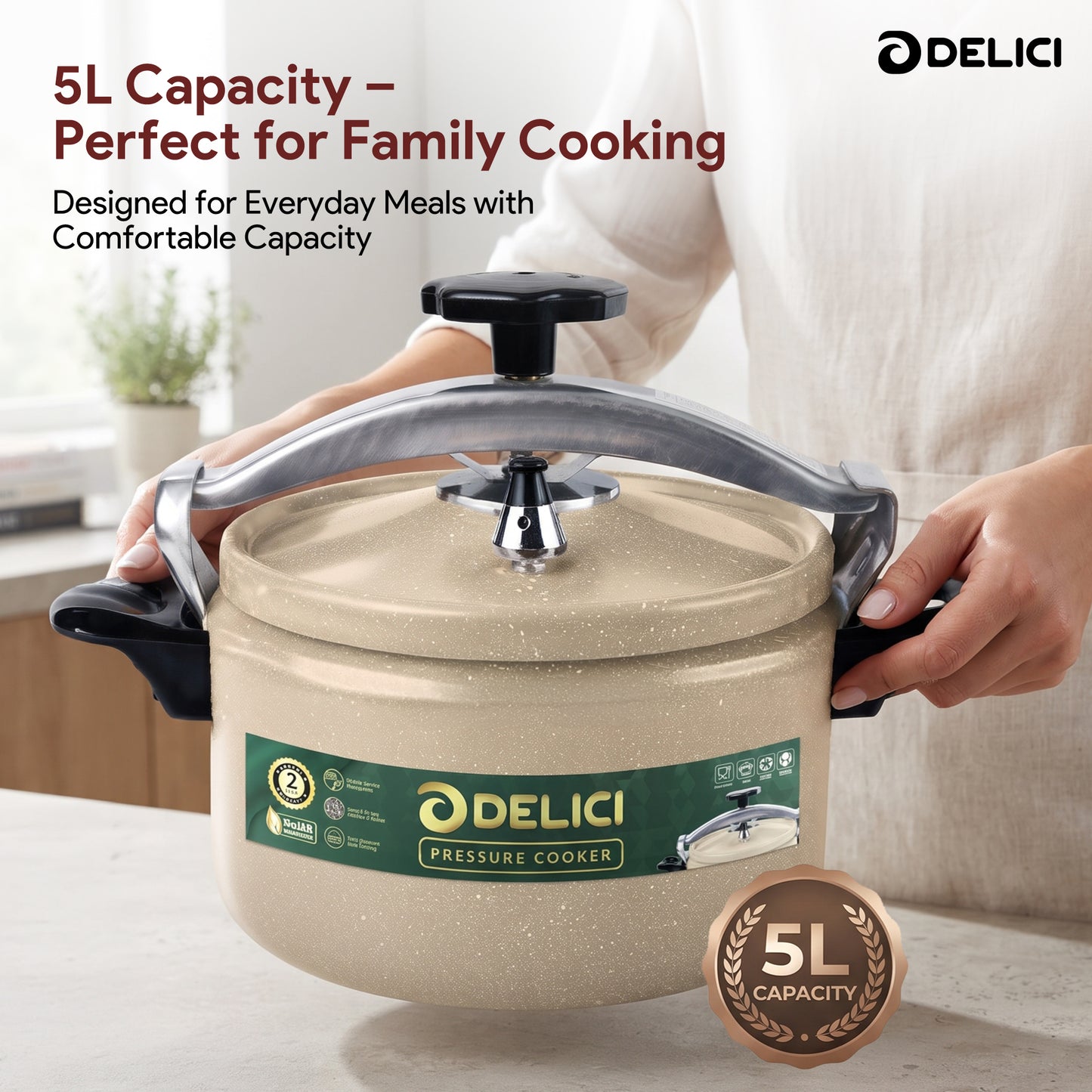 Delici Granite Aluminium Pressure Cooker 5 Litre | Beige | Safety Lock | 2-Year Warranty | DPC5B