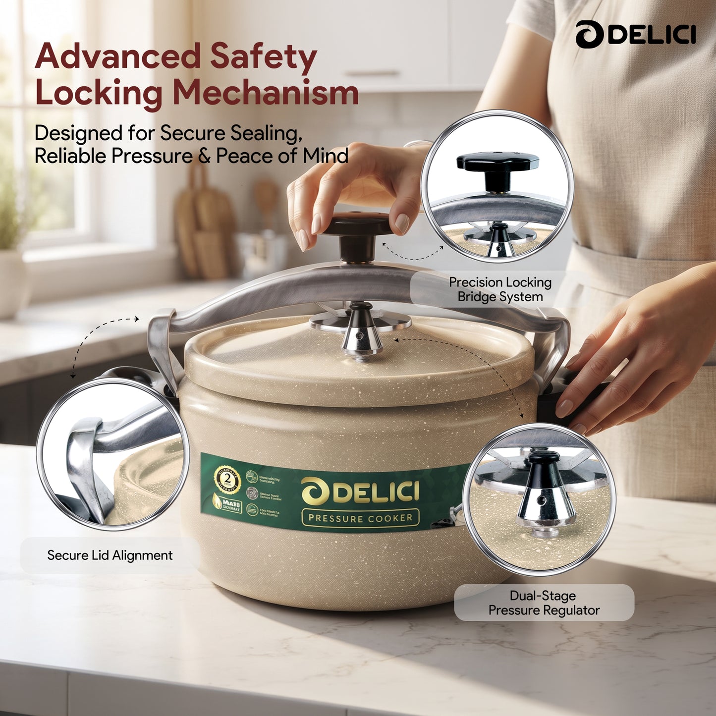 Delici Granite Aluminium Pressure Cooker 5 Litre | Beige | Safety Lock | 2-Year Warranty | DPC5B