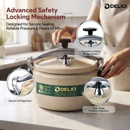 Delici Granite Aluminium Pressure Cooker 5 Litre | Beige | Safety Lock | 2-Year Warranty | DPC5B