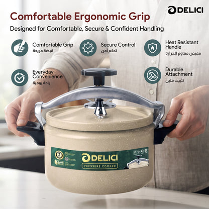 Delici Granite Aluminium Pressure Cooker 5 Litre | Beige | Safety Lock | 2-Year Warranty | DPC5B