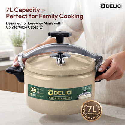 Delici Granite Aluminium Pressure Cooker 7 Litre | Beige | Safety Lock | 2-Year Warranty | DPC7B