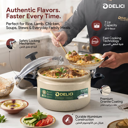 Delici Granite Aluminium Pressure Cooker 7 Litre | Beige | Safety Lock | 2-Year Warranty | DPC7B