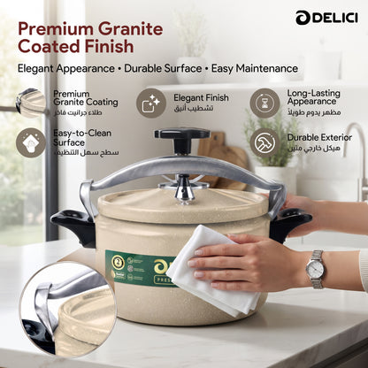 Delici Granite Aluminium Pressure Cooker 7 Litre | Beige | Safety Lock | 2-Year Warranty | DPC7B