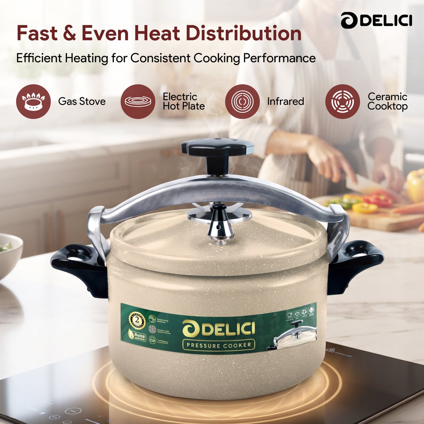 Delici Granite Aluminium Pressure Cooker 7 Litre | Beige | Safety Lock | 2-Year Warranty | DPC7B