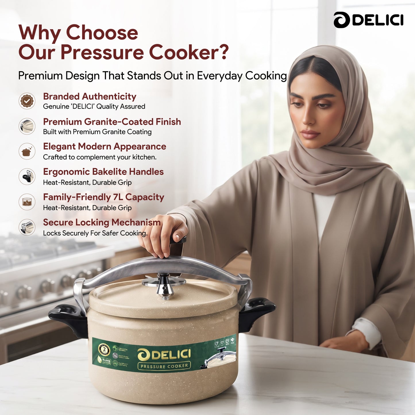 Delici Granite Aluminium Pressure Cooker 7 Litre | Beige | Safety Lock | 2-Year Warranty | DPC7B
