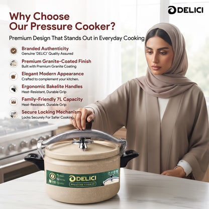 Delici Granite Aluminium Pressure Cooker 7 Litre | Beige | Safety Lock | 2-Year Warranty | DPC7B