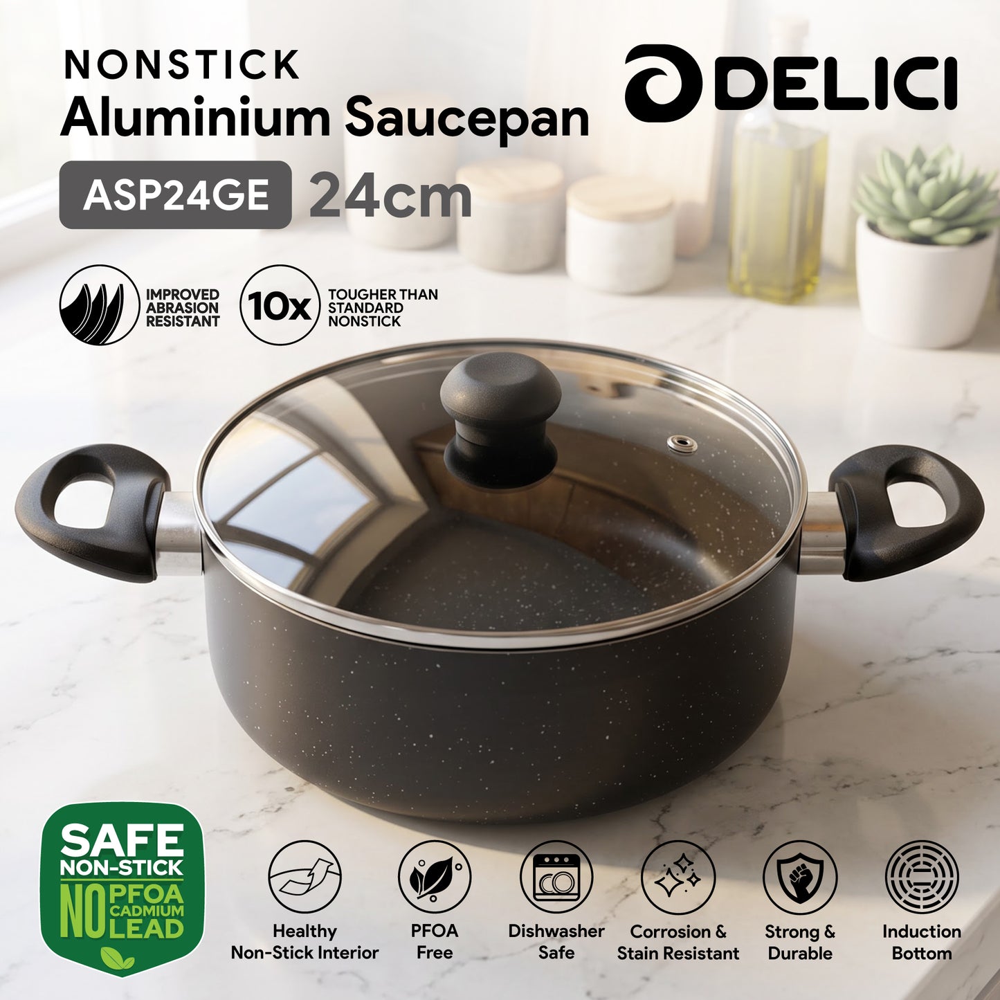 Delici Non-Stick Sauce Pan 24CM (ASP24GE) – Granite Gray | PFOA Free