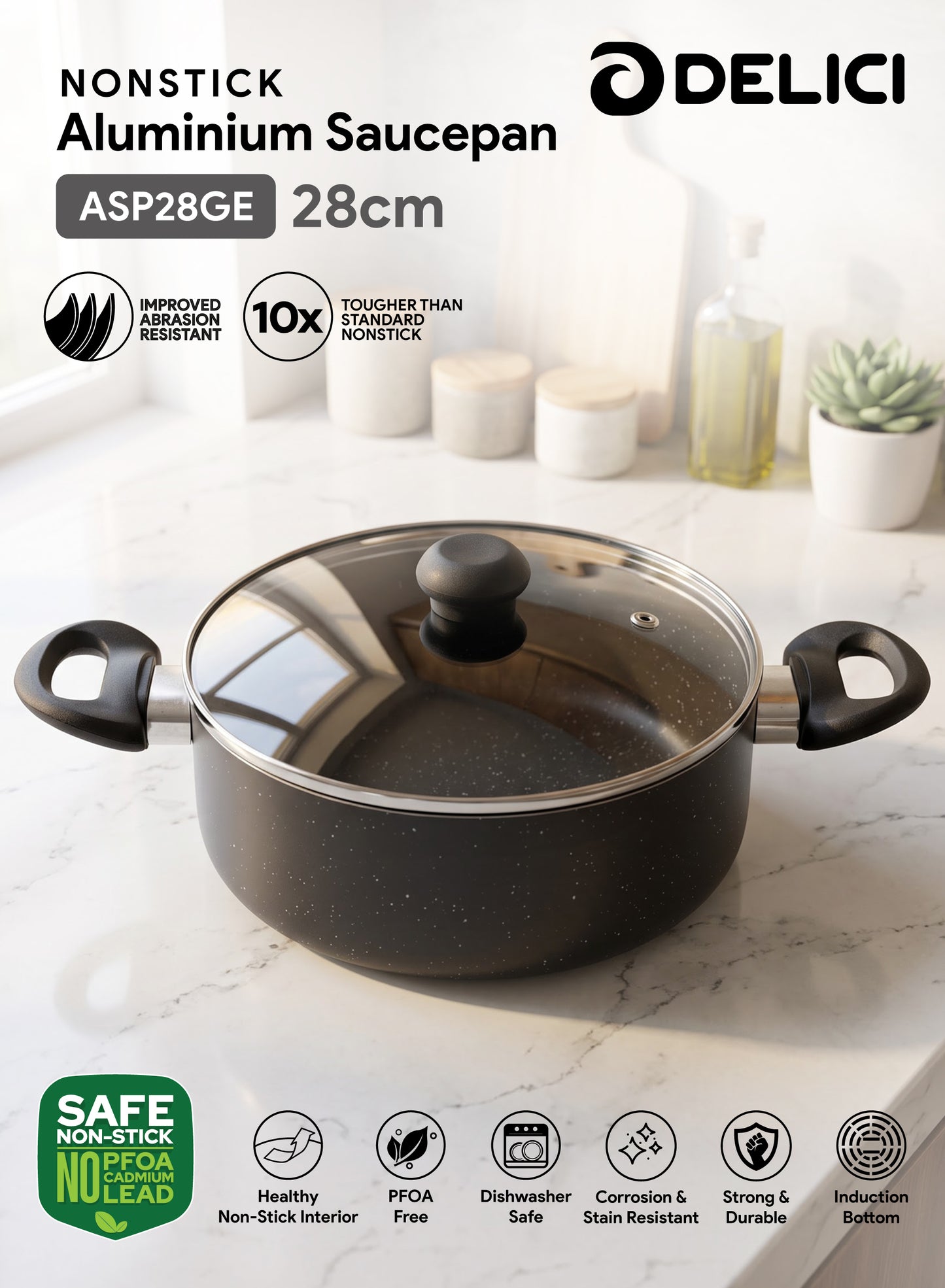 Delici Non-Stick Sauce Pan 28CM (ASP28GE) – Granite Gray | PFOA Free