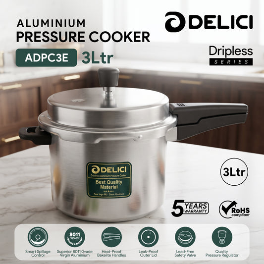 Delici Dripless NIB Pressure Cooker 3 Litre | Induction Base | Lead-Free Valve | ADPC3E