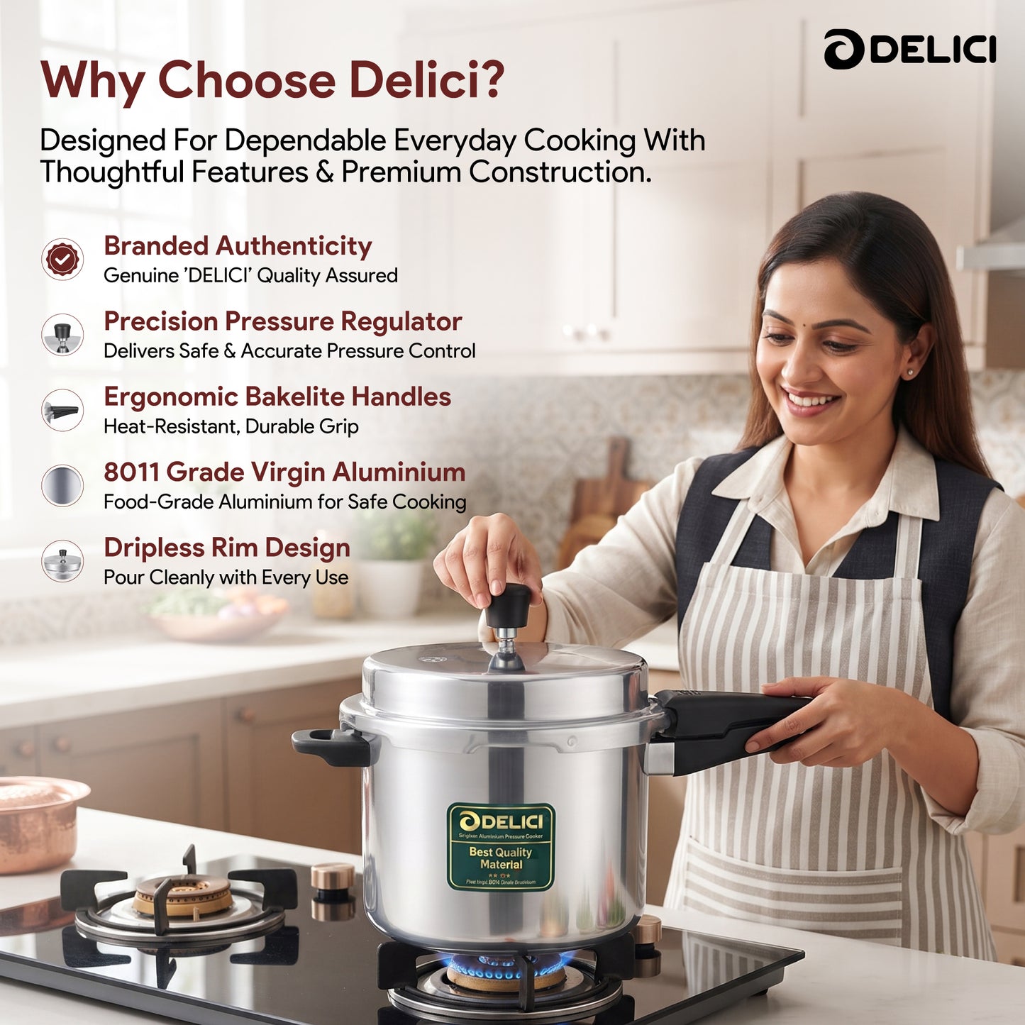 Delici Dripless NIB Pressure Cooker 5 Litre | Induction Base | Lead-Free Valve | ADPC5E