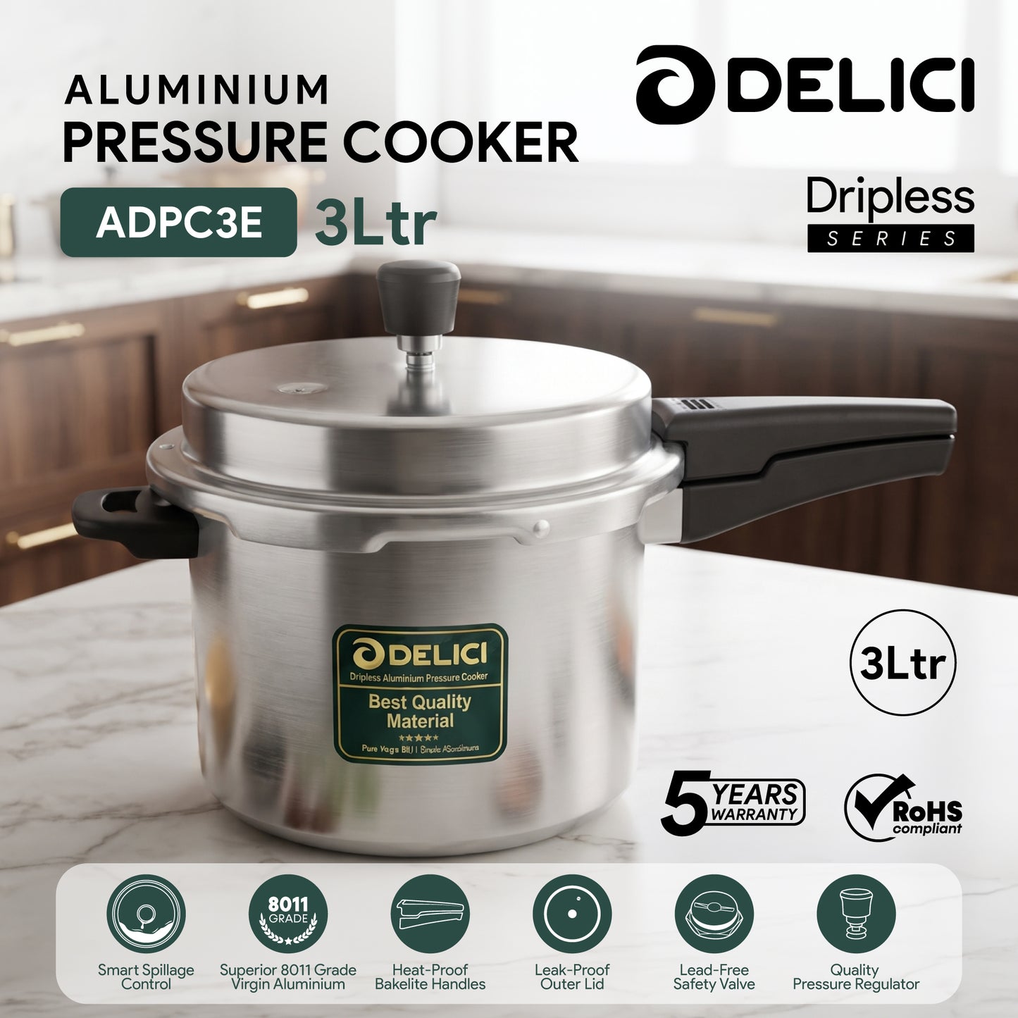 Delici Dripless NIB Pressure Cooker 5 Litre | Induction Base | Lead-Free Valve | ADPC5E