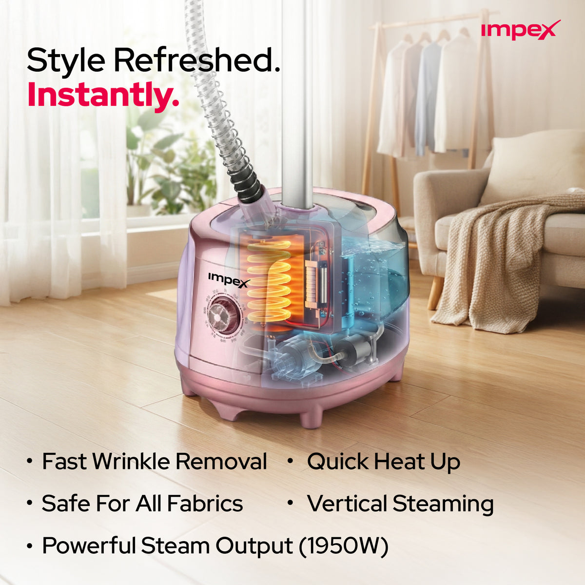 Impex GSM-6013 Garment Steamer – 1950W Fast Heat, 70-Min Continuous Steam