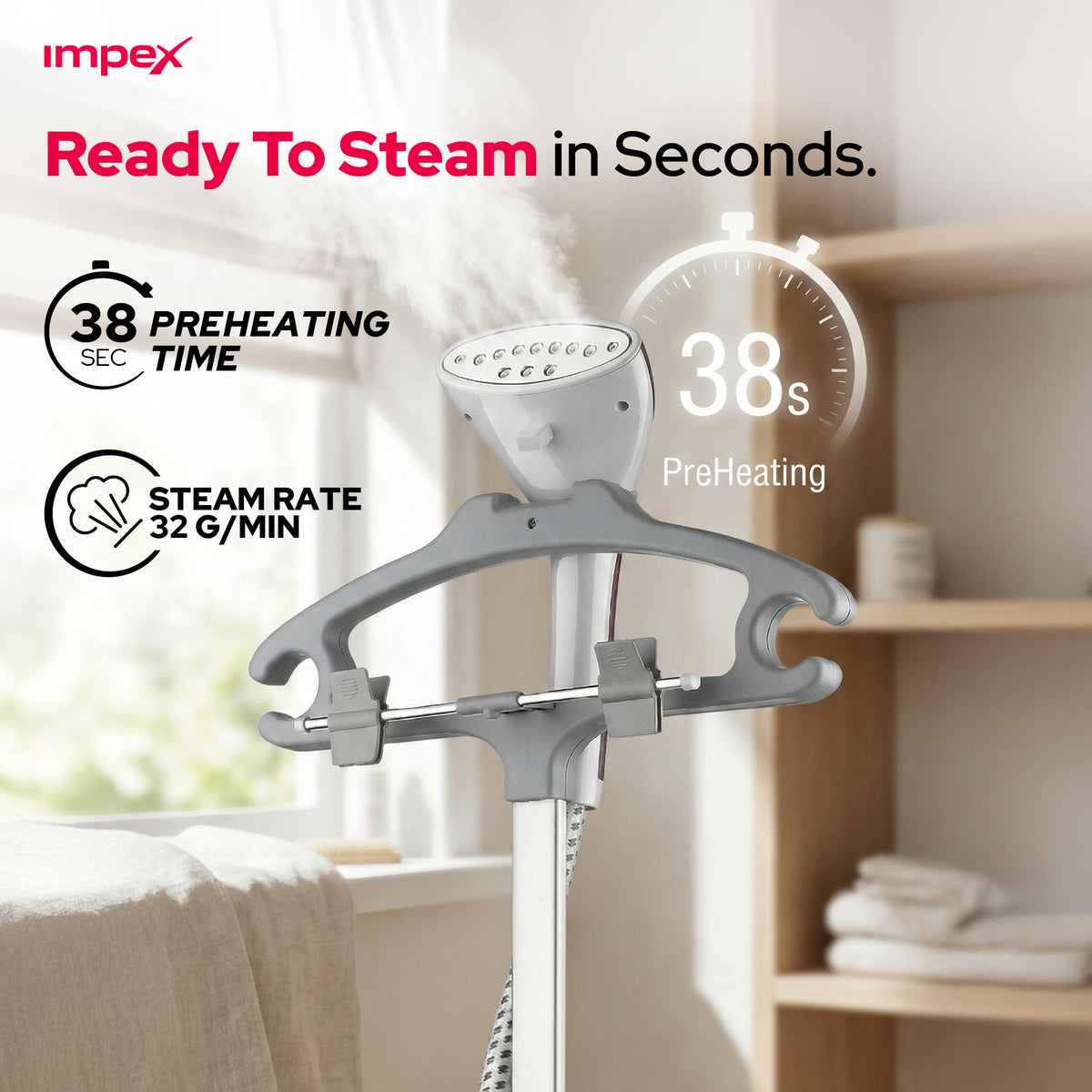Impex GSM-6013 Garment Steamer – 1950W Fast Heat, 70-Min Continuous Steam