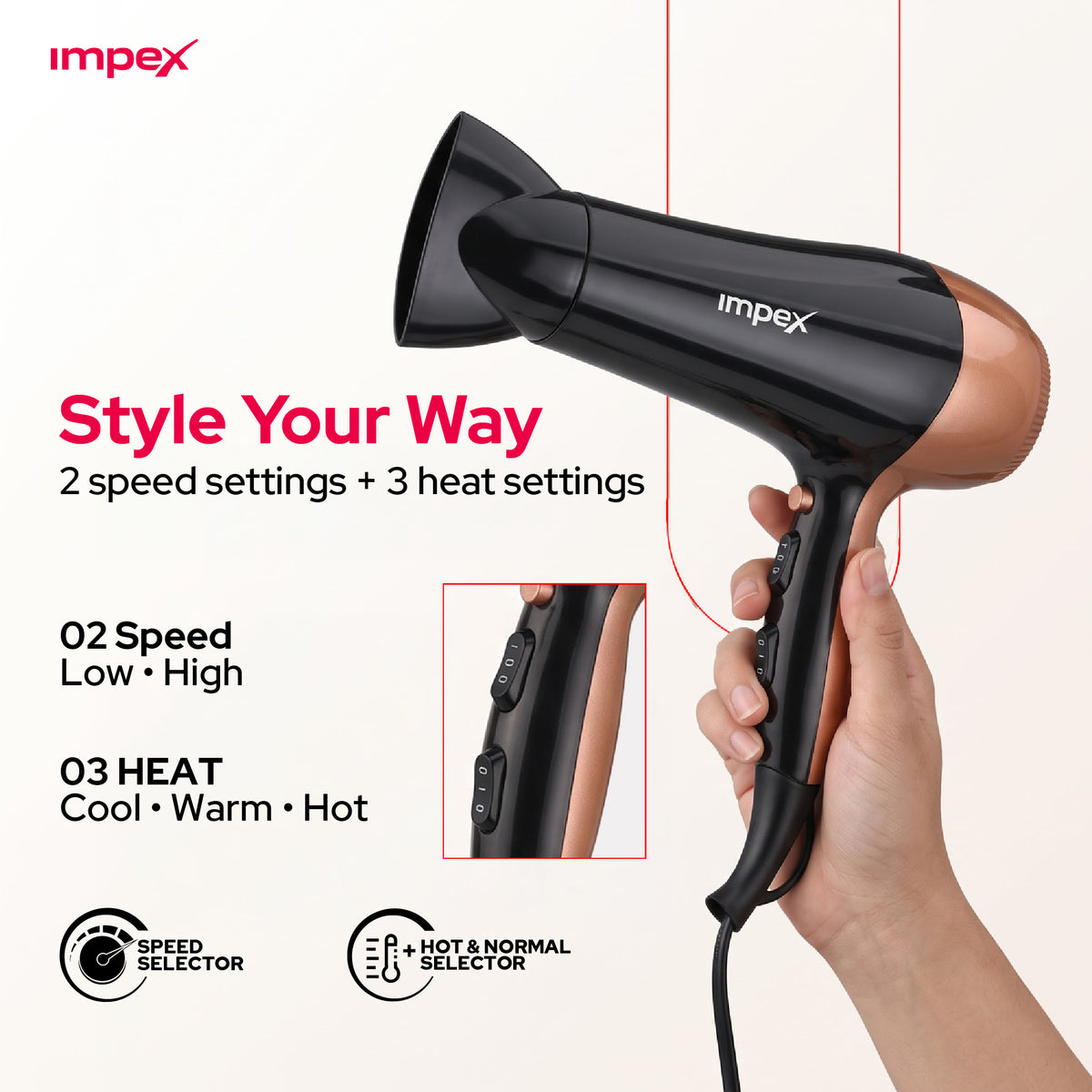 Impex HD1K3 – 2000W Hair Dryer with Cool Shot & 3-Level Temperature Control