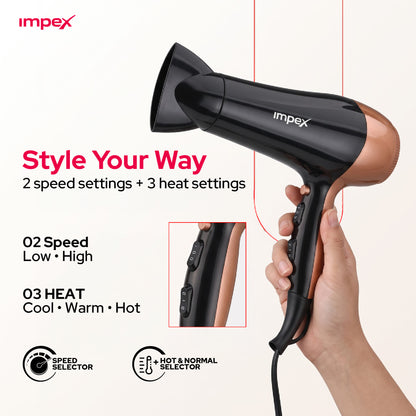 Impex HD1K3 – 2000W Hair Dryer with Cool Shot & 3-Level Temperature Control