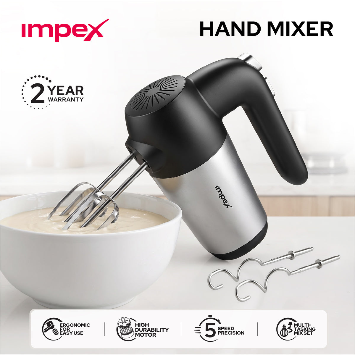 Impex HM3302 – 150W 5-Speed Hand Mixer with Turbo Function & Dough Hooks